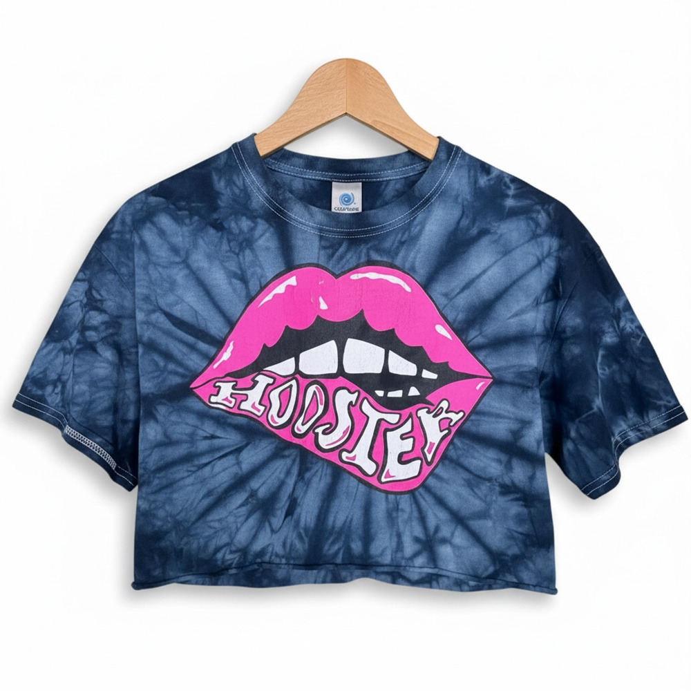 Hoosier Biting Lip Blue Tie-Dye Women's Medium 100% Cotton Cropped T-Shirt